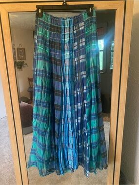 Free People Women’s Blue-Green Plaid smocked strapless midi dress